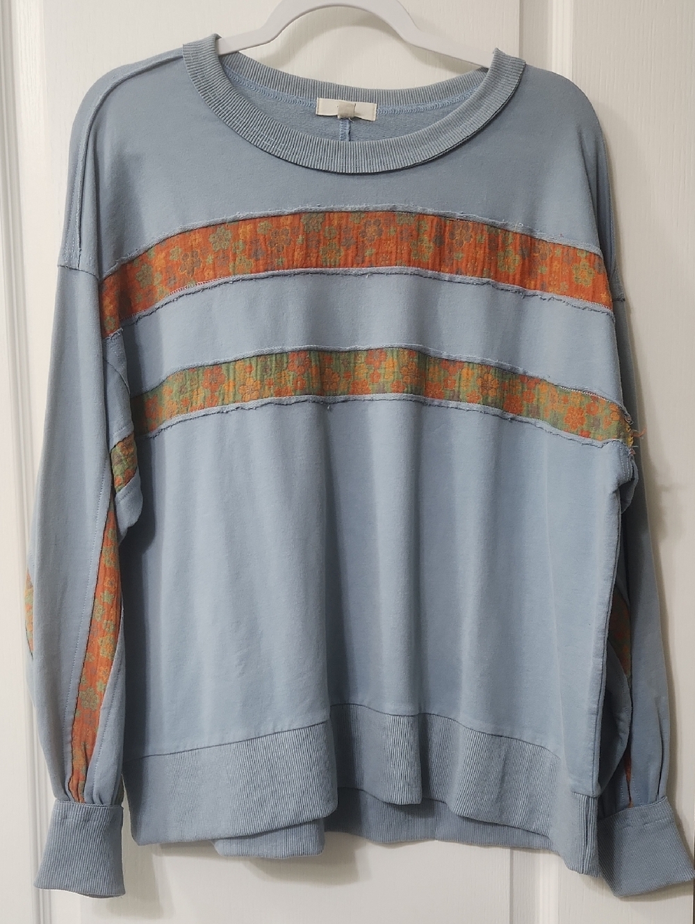easel Light Blue Pullover Sweater with Orange Accent Stripes